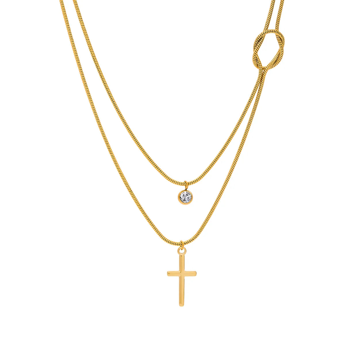 Cross Locked Zircon 304 Stainless Steel 18K Gold Plated Knotted Layered Necklace