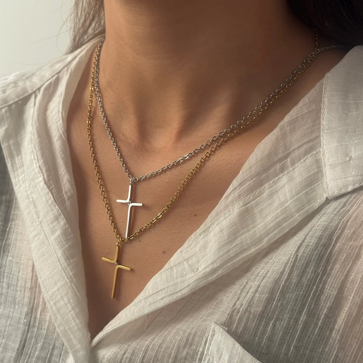 Cross 304 Stainless Steel 18K Gold Plated Plating O-shaped Chain Pendant Necklace