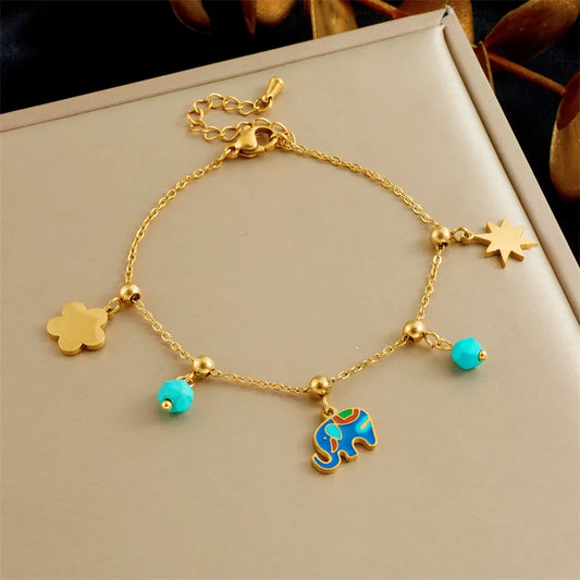 Flower Elephant 304 Stainless Steel 18K Gold Plated Multi Charms Bracelet