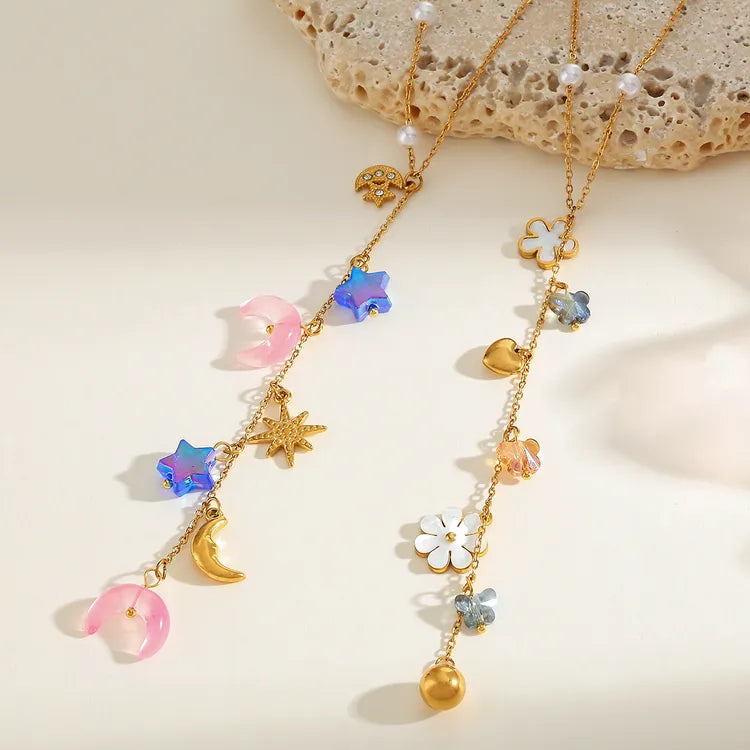 Heart Moon Zircon Flower 18K Gold Plated 304 Stainless Steel Necklace