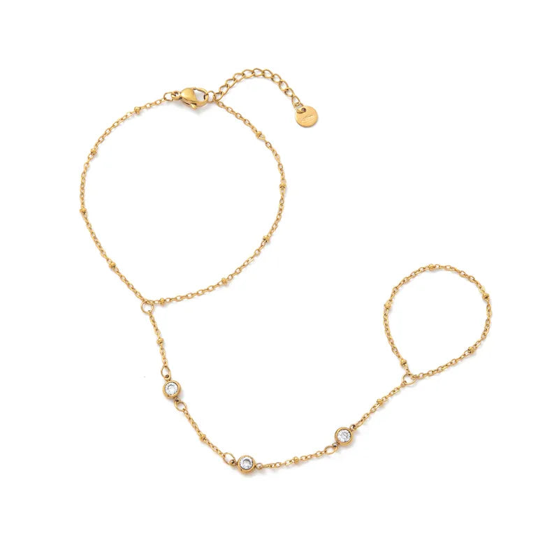 Round Diamonds Titanium Steel 18K Gold Plated Finger Chain Bracelet