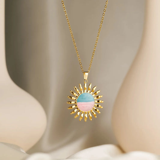 Vintage Sun 304 Stainless Steel Stone 18K Gold Plated  Necklace