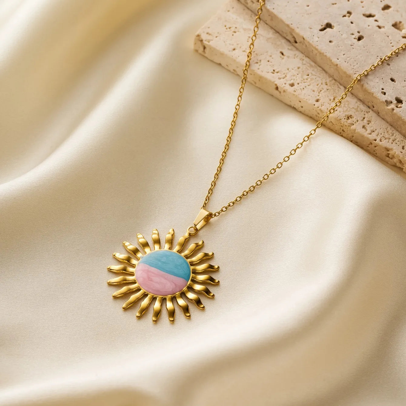 Vintage Sun 304 Stainless Steel Stone 18K Gold Plated Necklace