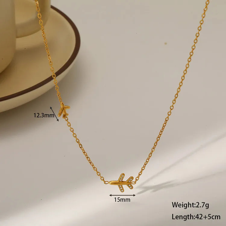 Airplane Rhinestone 18K Gold Plated 304 Stainless Steel Necklace