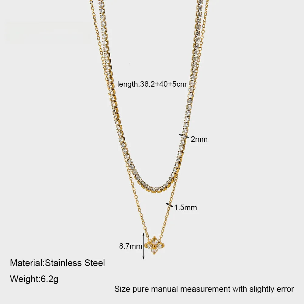 Clover Zirconia Double Layered Necklace Pendant Stainless Steel 18K Gold Plated Choker
