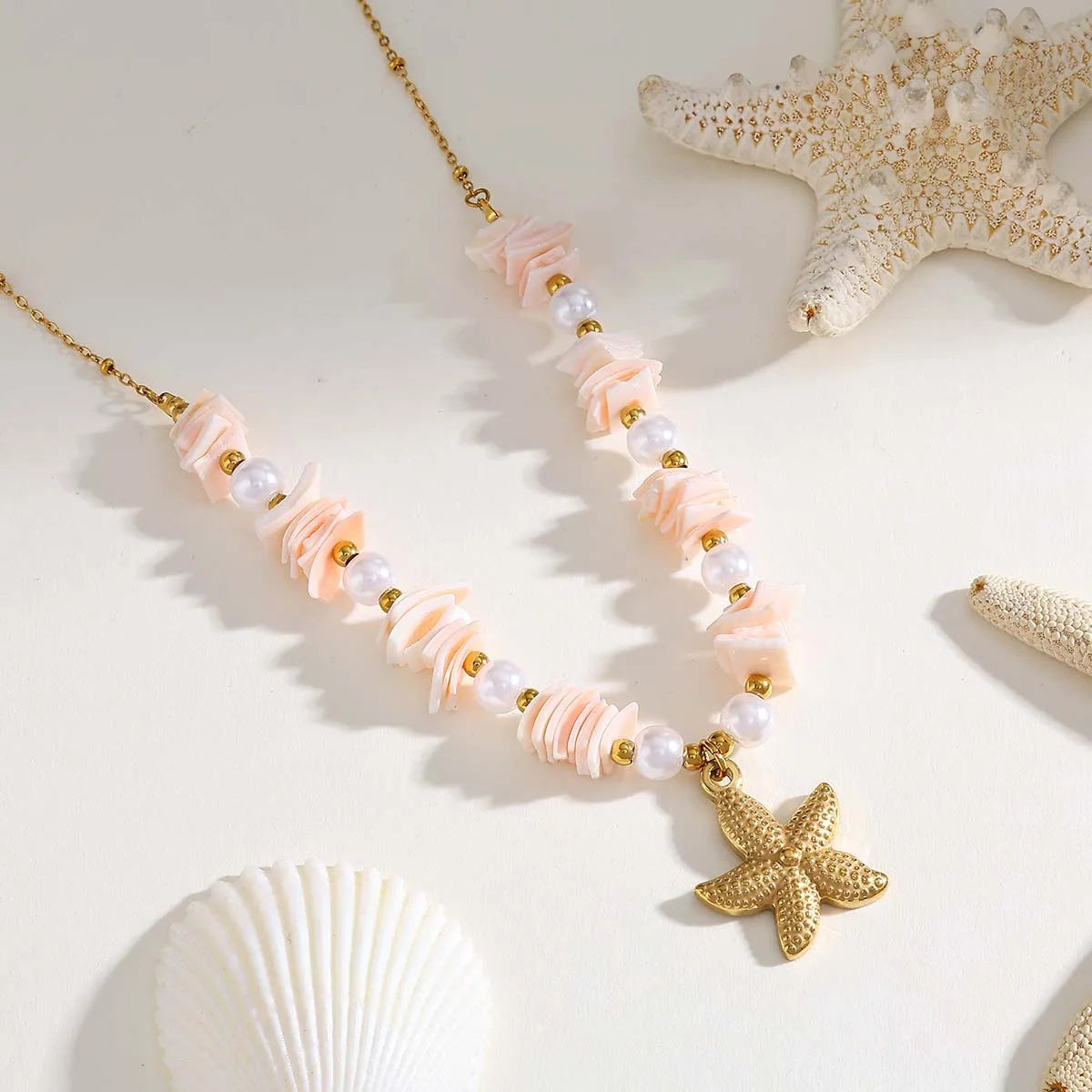 Starfish Shell 304 Stainless Steel 18K Gold Plated Beaded Pendant Necklace