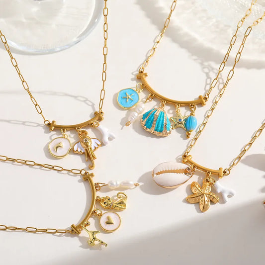 Starfish 304 Stainless Steel Natural Stone Natural Shell 18K Gold Plated Paperclip Multi Charms Necklace