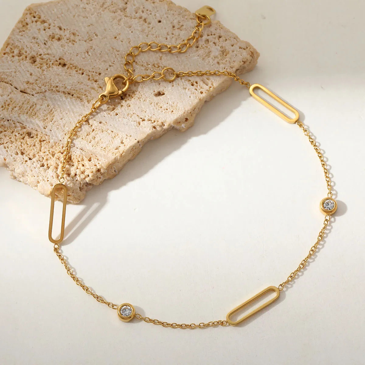Square Pearl 304 Stainless Steel 18K Gold Plated Zircon Cable Chain Multi Charms Bracelet