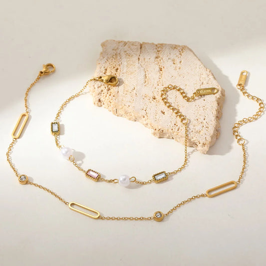 Square Pearl 304 Stainless Steel 18K Gold Plated Zircon Cable Chain Multi Charms Bracelet