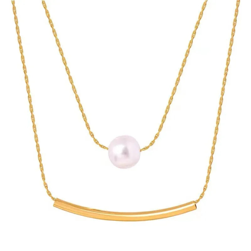French Pearl Double Layer Titanium Steel 18K Gold Plated Necklace