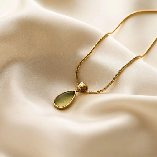Green Titanium Steel Water Drop Natural Stone Pendant 18K Gold Stainless Steel Necklace