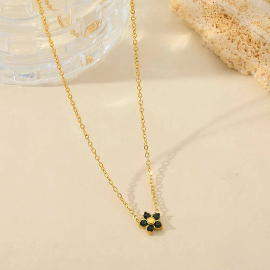 Cute Flower 304 Stainless Steel Zircon 18K Gold Plated Plating Inlay Pendant Necklace Cable Chain
