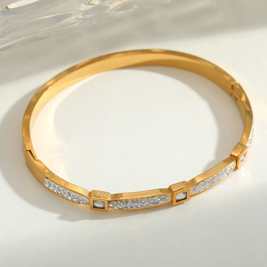 Geometric 304 Stainless Steel 18K Gold Plated Zircon Bangle