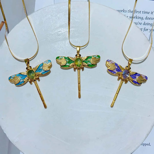 Purple Dragonfly 304 Stainless Steel Zircon 18K Gold Plated Enamel Necklace