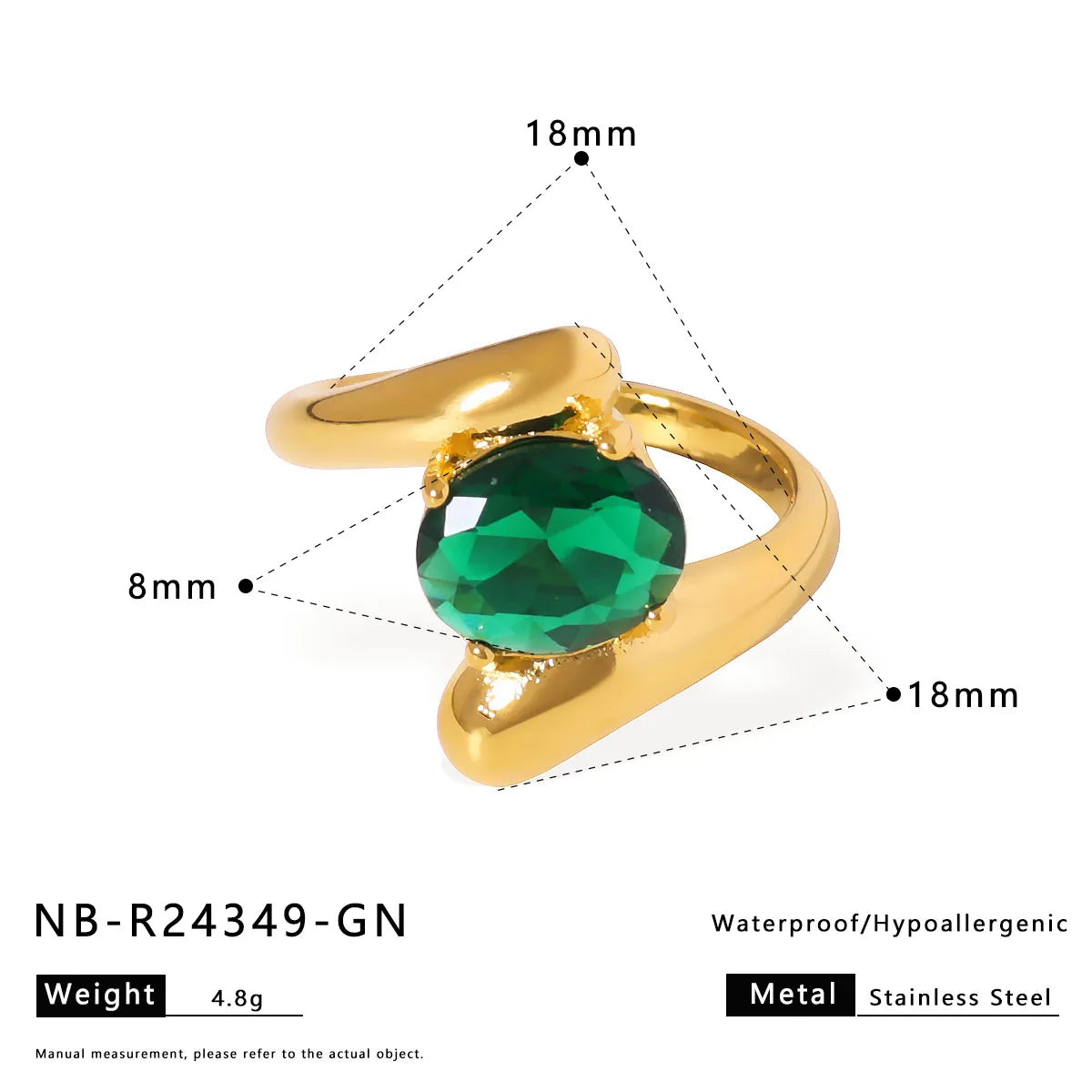 Simple Style Oval 304 Stainless Steel Zircon 18K Gold Plated Plating Ring