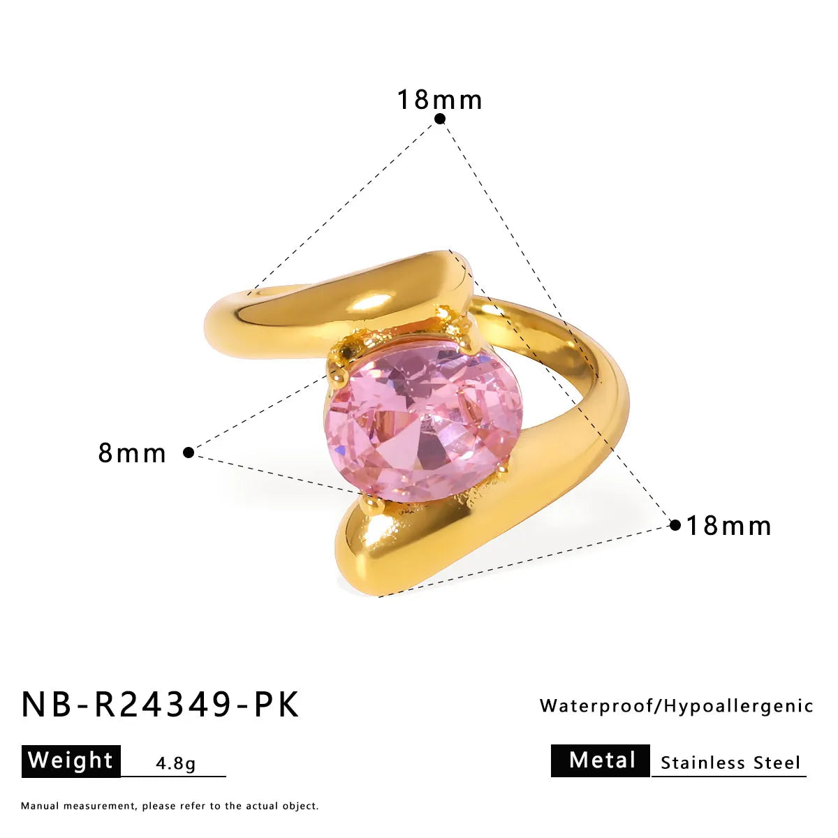 Simple Style Oval 304 Stainless Steel Zircon 18K Gold Plated Plating Ring