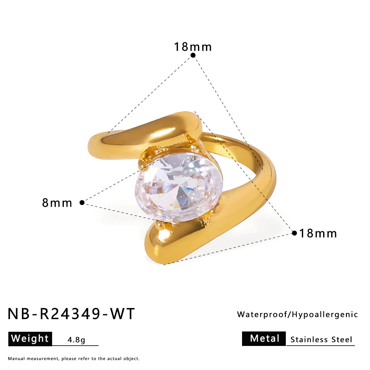 Simple Style Oval 304 Stainless Steel Zircon 18K Gold Plated Plating Ring