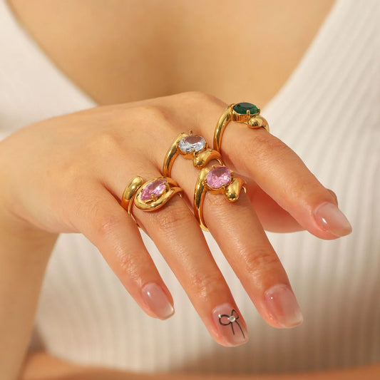 Simple Style Oval 304 Stainless Steel Zircon 18K Gold Plated Plating Ring