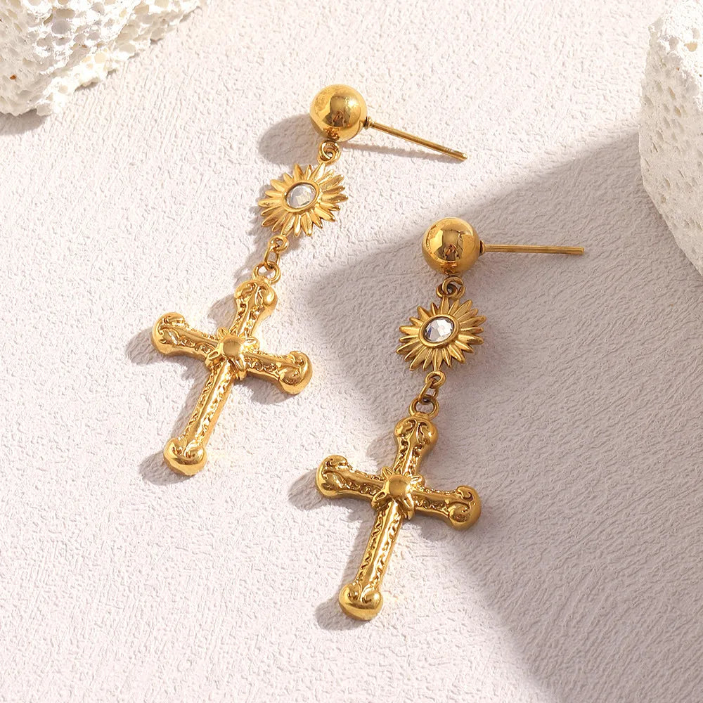 Cross Sun 304 Stainless Steel 18K Gold Plated Drop Earrings