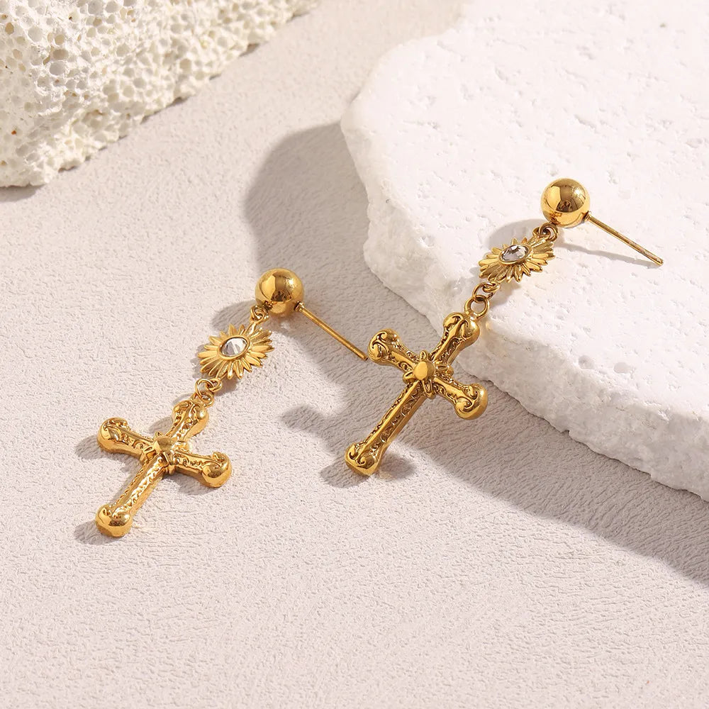 Cross Sun 304 Stainless Steel 18K Gold Plated Drop Earrings