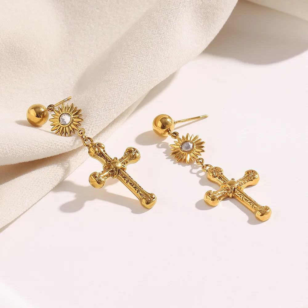 Cross Sun 304 Stainless Steel 18K Gold Plated Drop Earrings