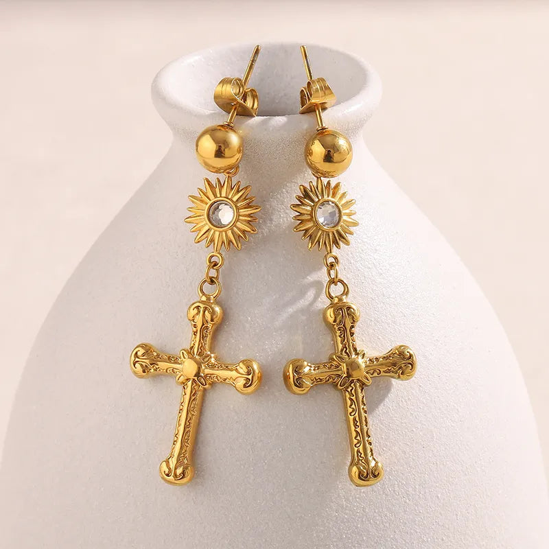 Cross Sun 304 Stainless Steel 18K Gold Plated Drop Earrings