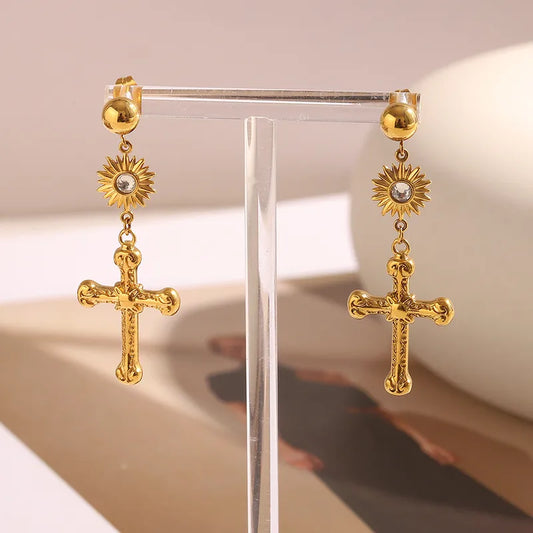 Cross Sun 304 Stainless Steel 18K Gold Plated Drop Earrings