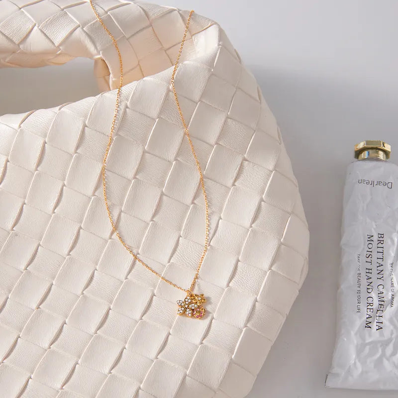 Flowers And Pink Rhinestone 18K Gold Plated Stainless Steel Necklace