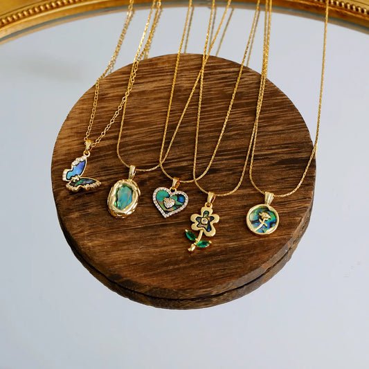 Heart Shape Flower Butterfly 304 Stainless Steel Zircon Abalone Shell 18K Gold Plated  Necklace