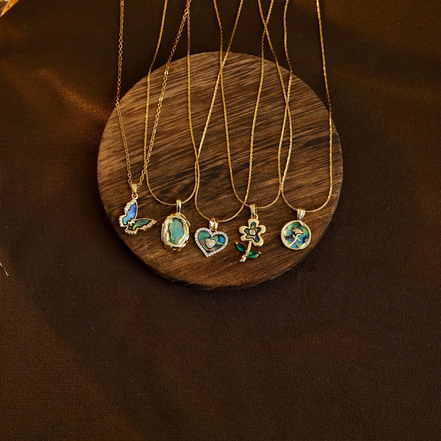 Heart Shape Flower Butterfly 304 Stainless Steel Zircon Abalone Shell 18K Gold Plated Necklace