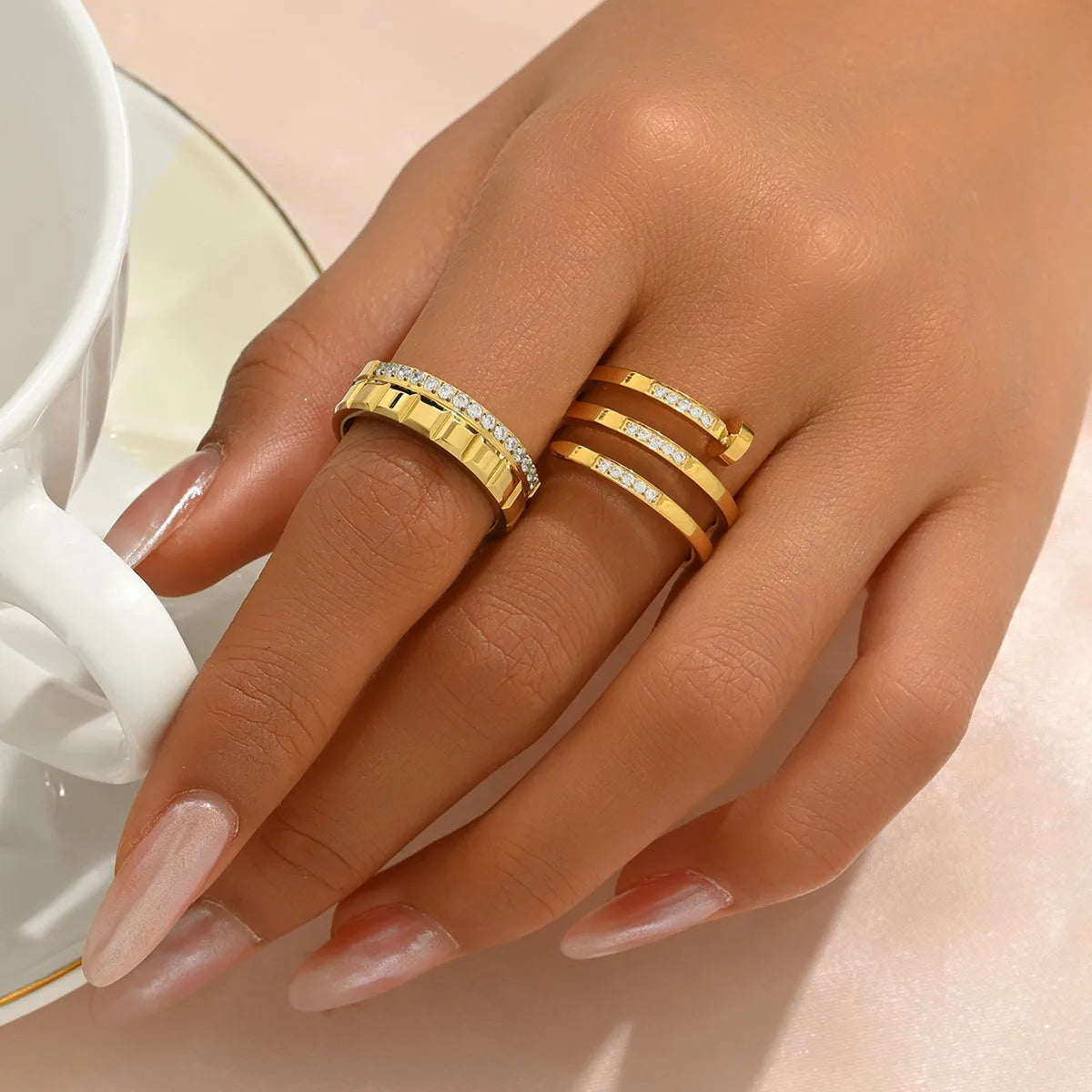 Shiny Nail Geometric 304 Stainless Steel Rhinestones 14K Gold Plated Polishing Inlay Ring