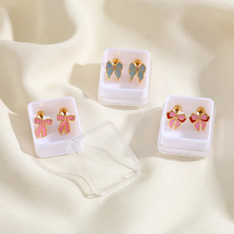 Cute Lady Geometric Bow Knot Enamel Plating 304 Stainless Steel 18K Gold Plated Ear Studs