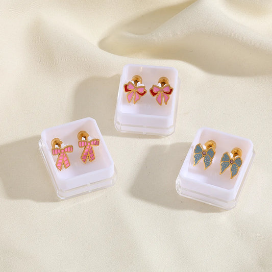 Cute Lady Geometric Bow Knot Enamel Plating 304 Stainless Steel 18K Gold Plated Ear Studs