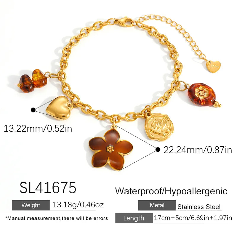 Floral Heart 18K Gold Plated 304 Stainless Steel Charm Bracelet