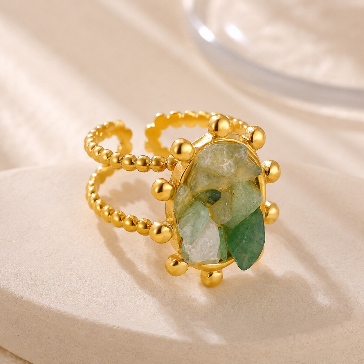 Green Gems 18K Gold Plated 304 Stainless Steel Adjustable Ring