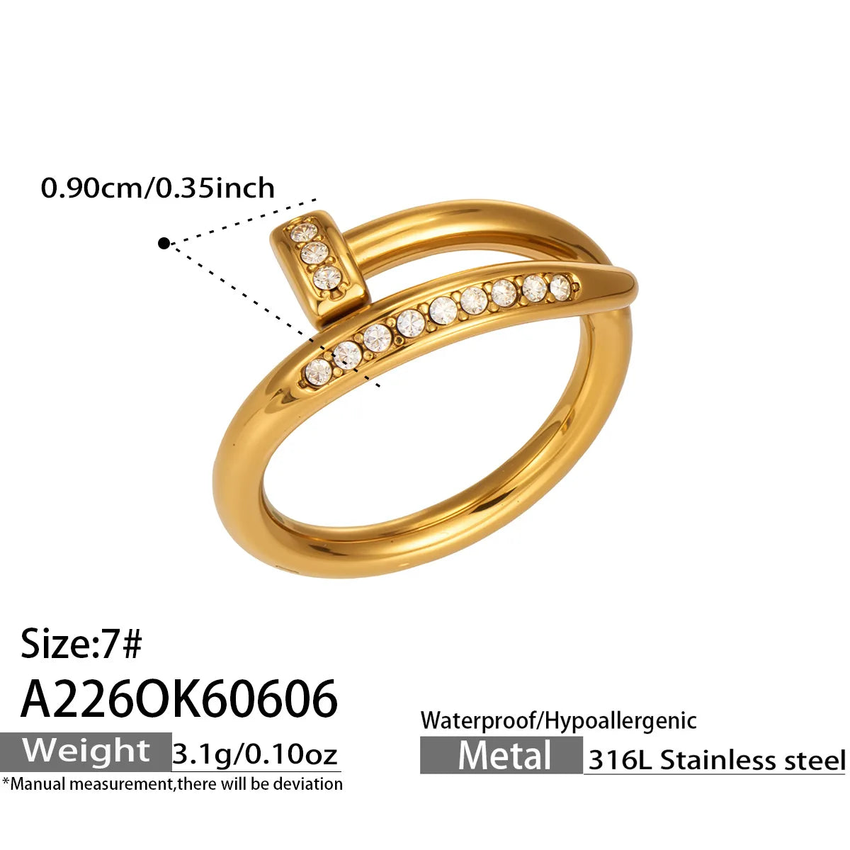 Nail Head Cubic Zirconia 18K Gold Plated 304 Stainless Steel Ring