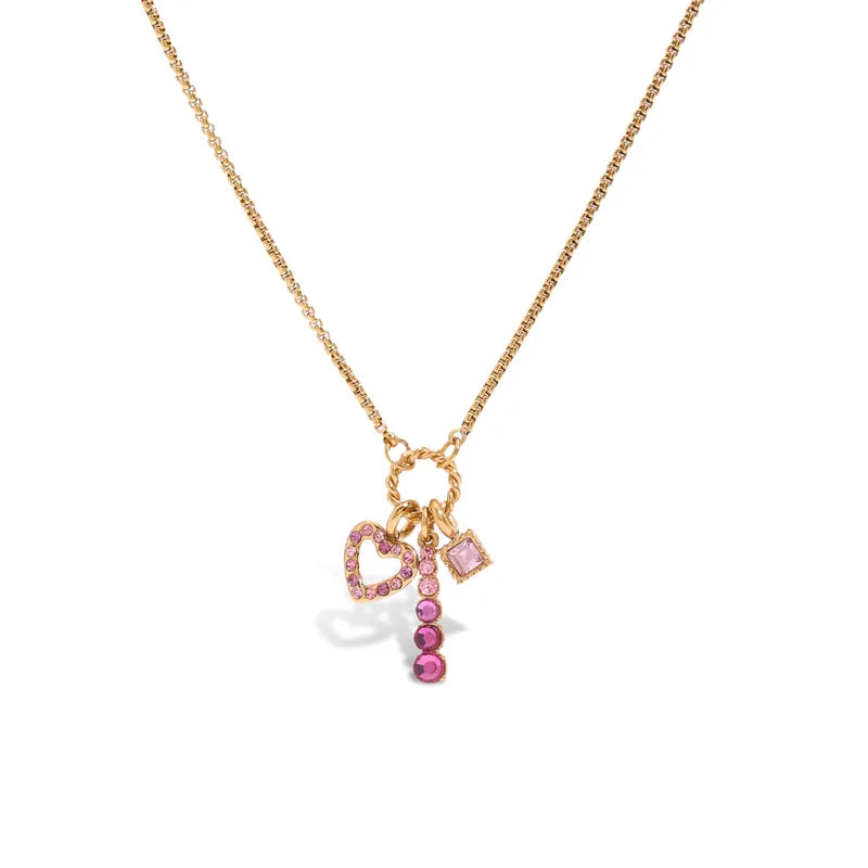 Pink Heart Diamond Charm 18K Gold Plated 304 Stainless Steel Necklace