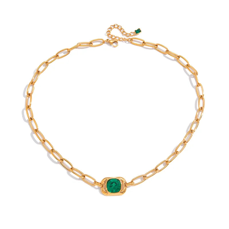 Green Zirconia 18K Cuban Link 304 Stainless Steel Necklace