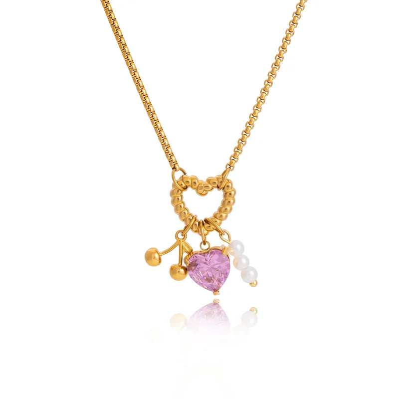 Heart Shape Pearly 18K Gold Plated Charms 304 Stainless Steel Necklace
