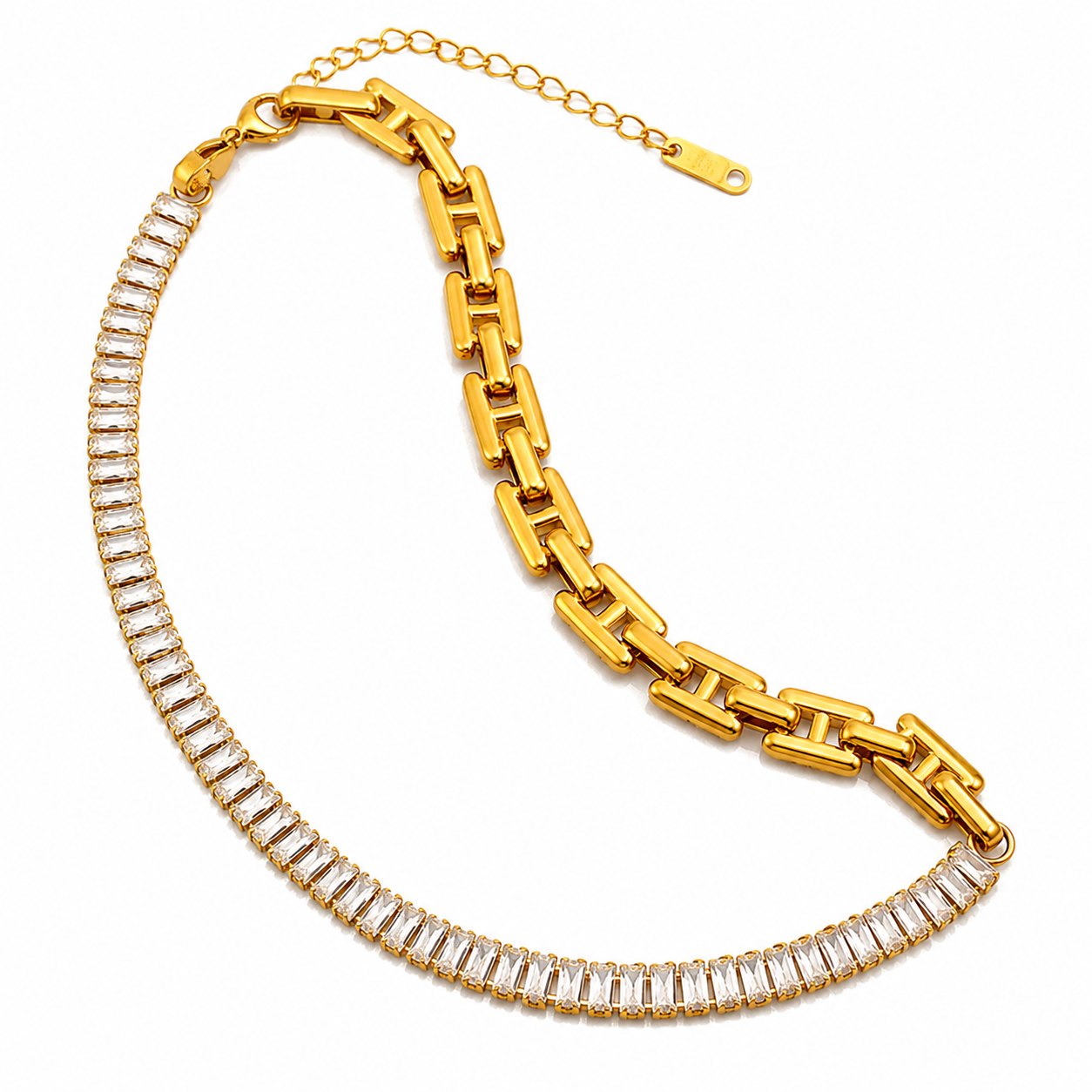 Diamanté Box Link 18K Gold Plated 304 Stainless Steel Necklace