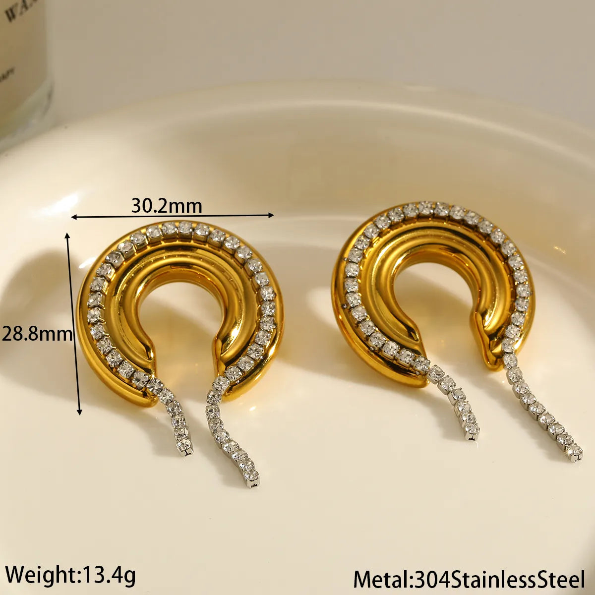 C Shaped Diamanté Metal Contrast 18K Gold Plated 304 Stainless Steel Earring