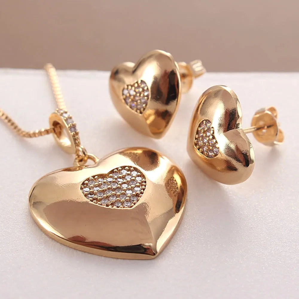 Heart Shape Copper Plating Inlay Zircon Gold Plated Jewelry Set