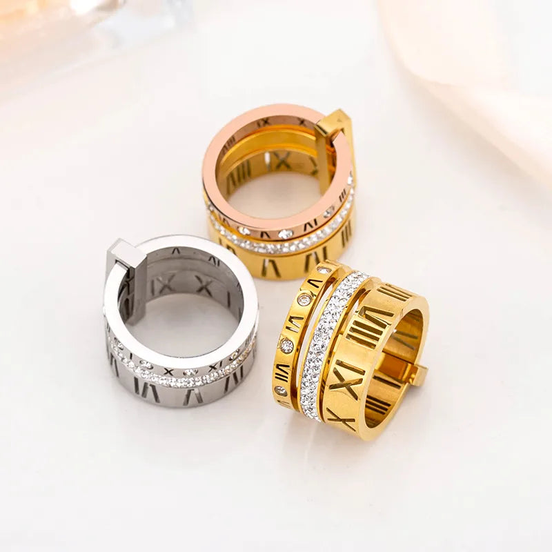304 Stainless Steel 18K Gold Plated Fashion Plating Inlay Roman Numeral Rhinestones Ring
