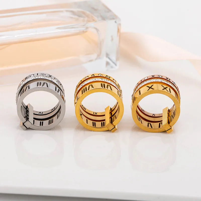 304 Stainless Steel 18K Gold Plated Fashion Plating Inlay Roman Numeral Rhinestones Ring