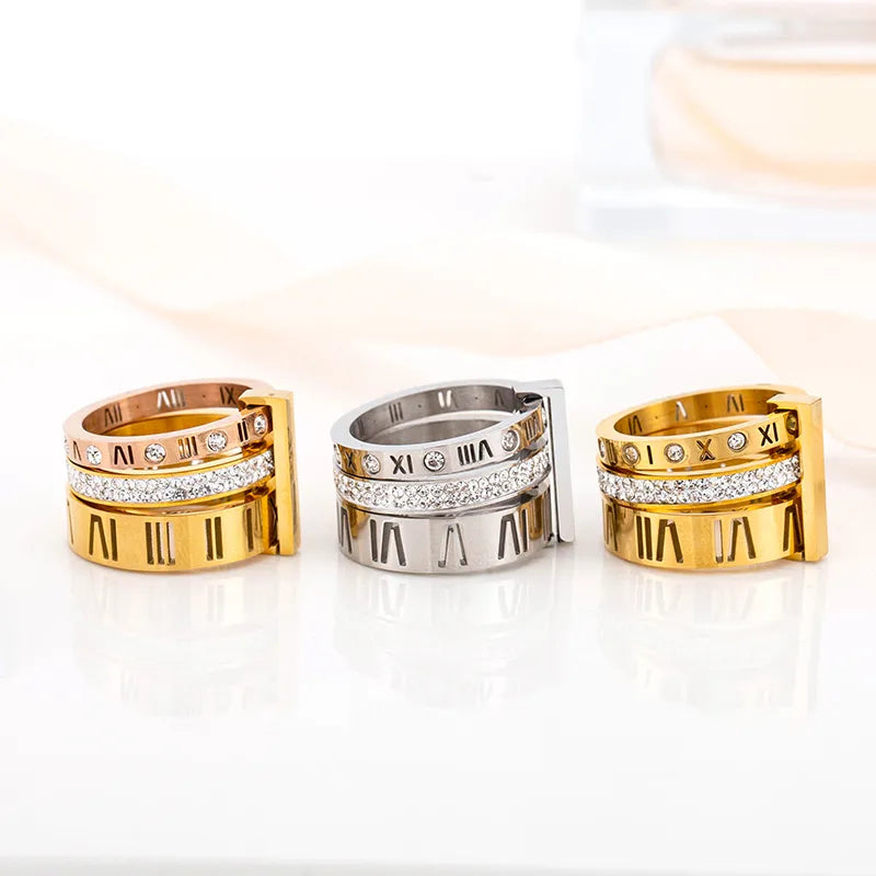 304 Stainless Steel 18K Gold Plated Fashion Plating Inlay Roman Numeral Rhinestones Ring