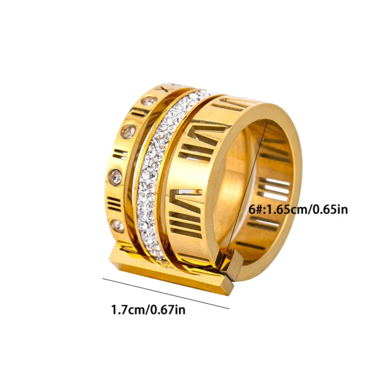 304 Stainless Steel 18K Gold Plated Fashion Plating Inlay Roman Numeral Rhinestones Ring