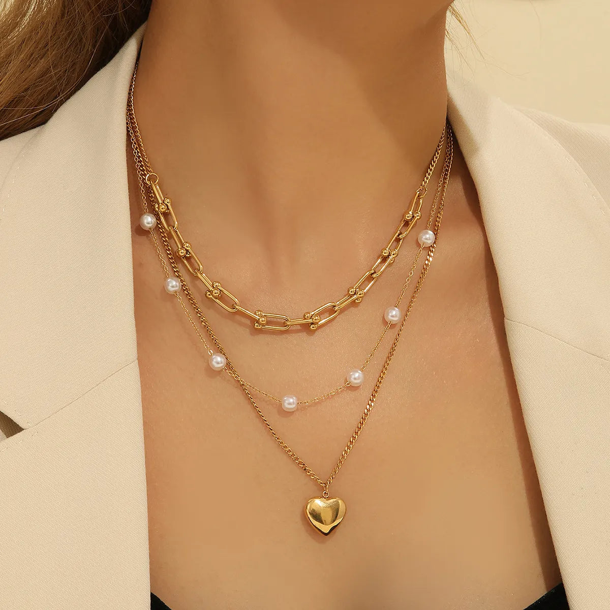 Heart and Pearl Shape Titanium Steel 18K Gold Plated Pearl Three Layer Necklace