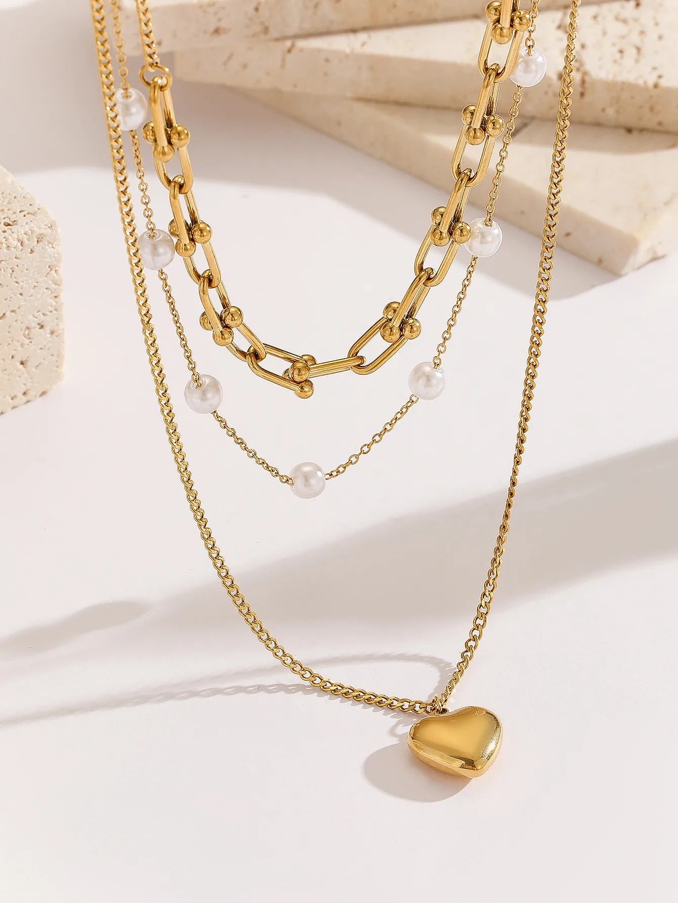 Heart and Pearl Shape Titanium Steel 18K Gold Plated Pearl Three Layer Necklace
