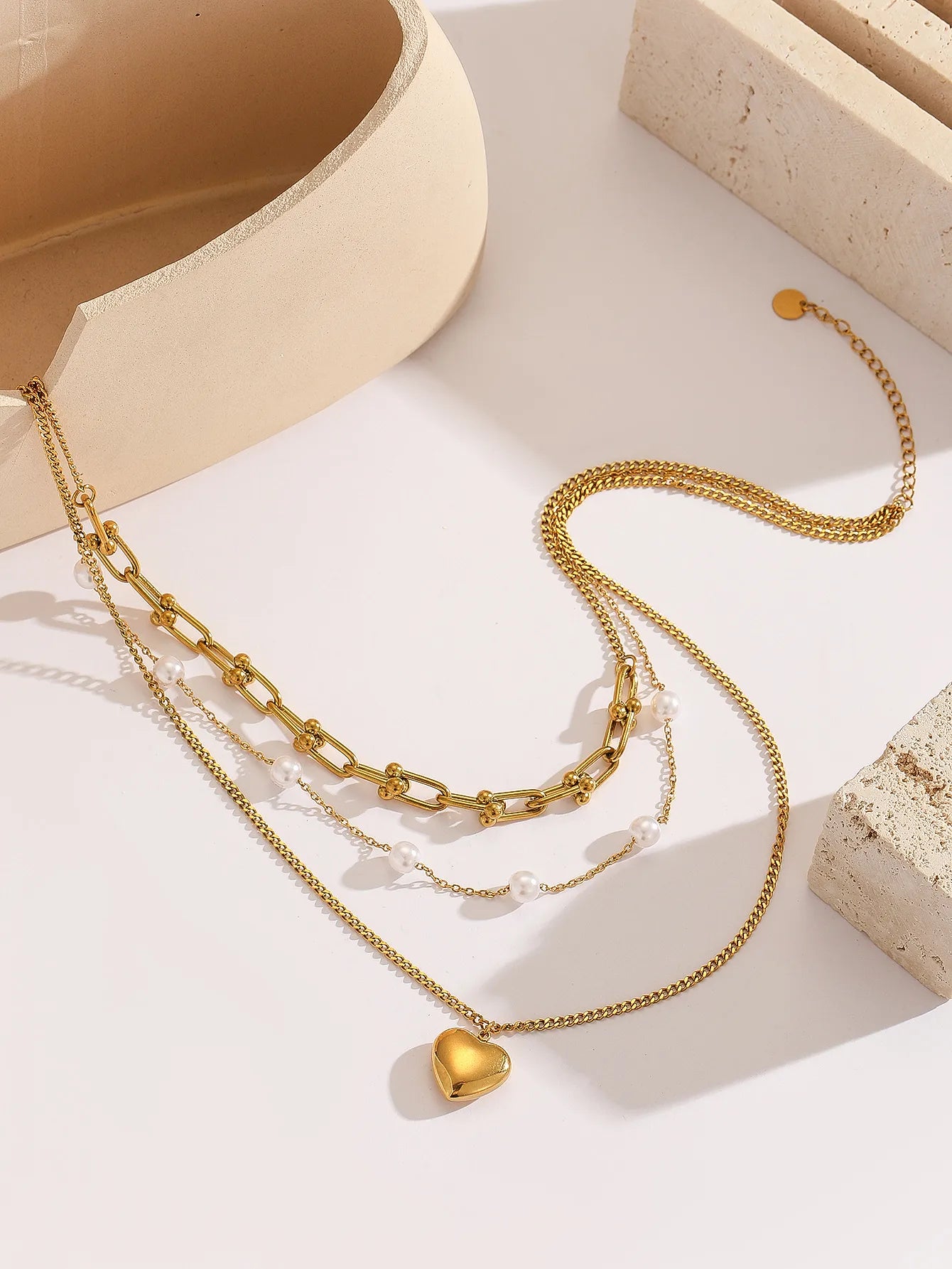 Heart and Pearl Shape Titanium Steel 18K Gold Plated Pearl Three Layer Necklace