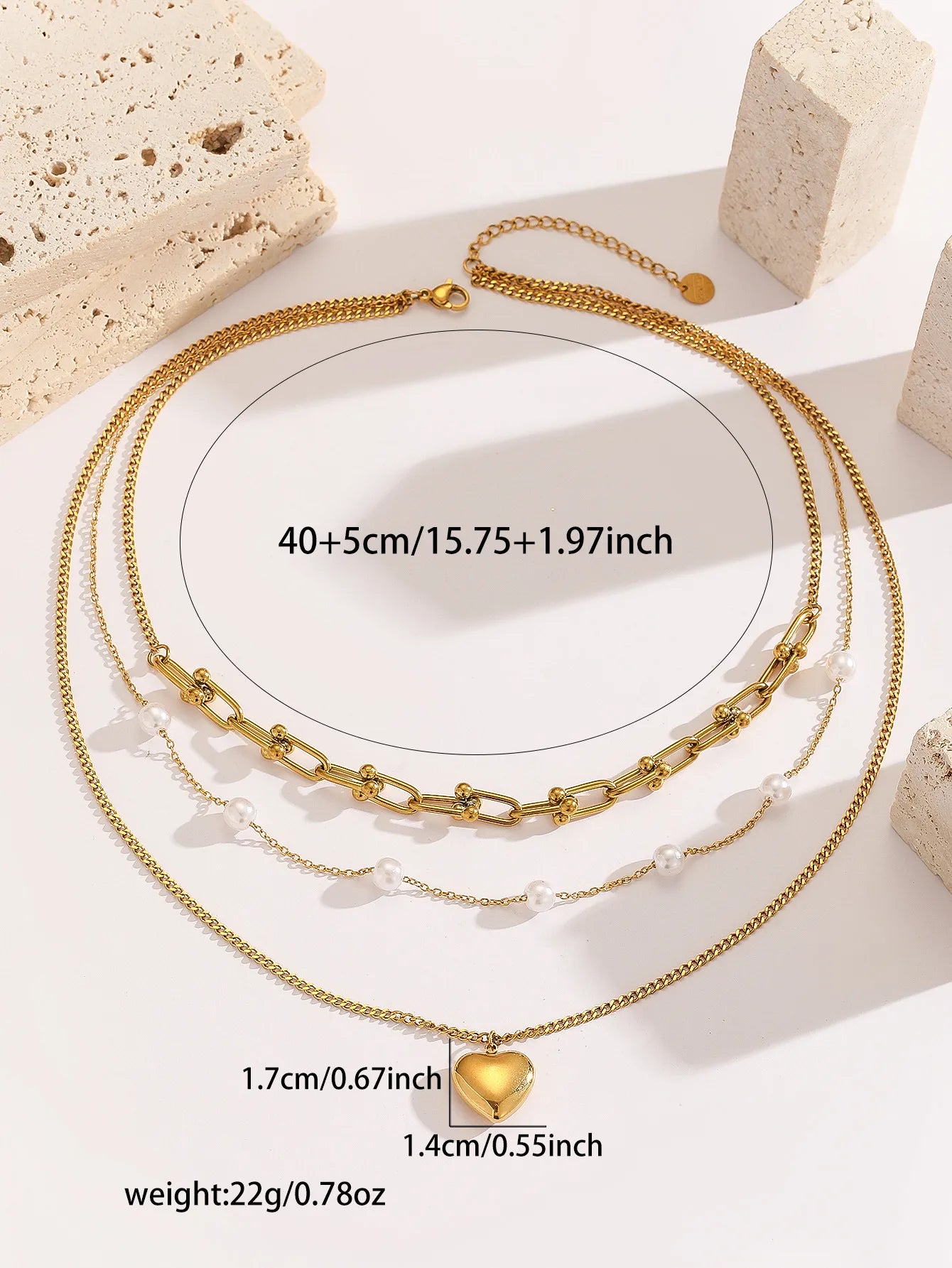 Heart and Pearl Shape Titanium Steel 18K Gold Plated Pearl Three Layer Necklace